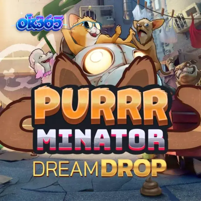Giao diện trò chơi Purrrminator Dream Drop với phong cách cyberpunk và các biểu tượng robot